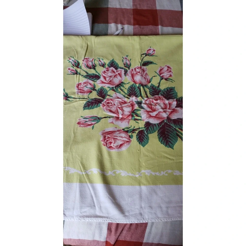Vintage Pink Rose Floral Linen Napkin Yellow White Border Cottagecore 16x16